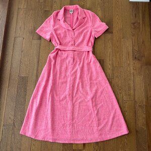 Anne Klein Pink Belted Midi Dress Tailored Button Front Short Sleeve Vintage